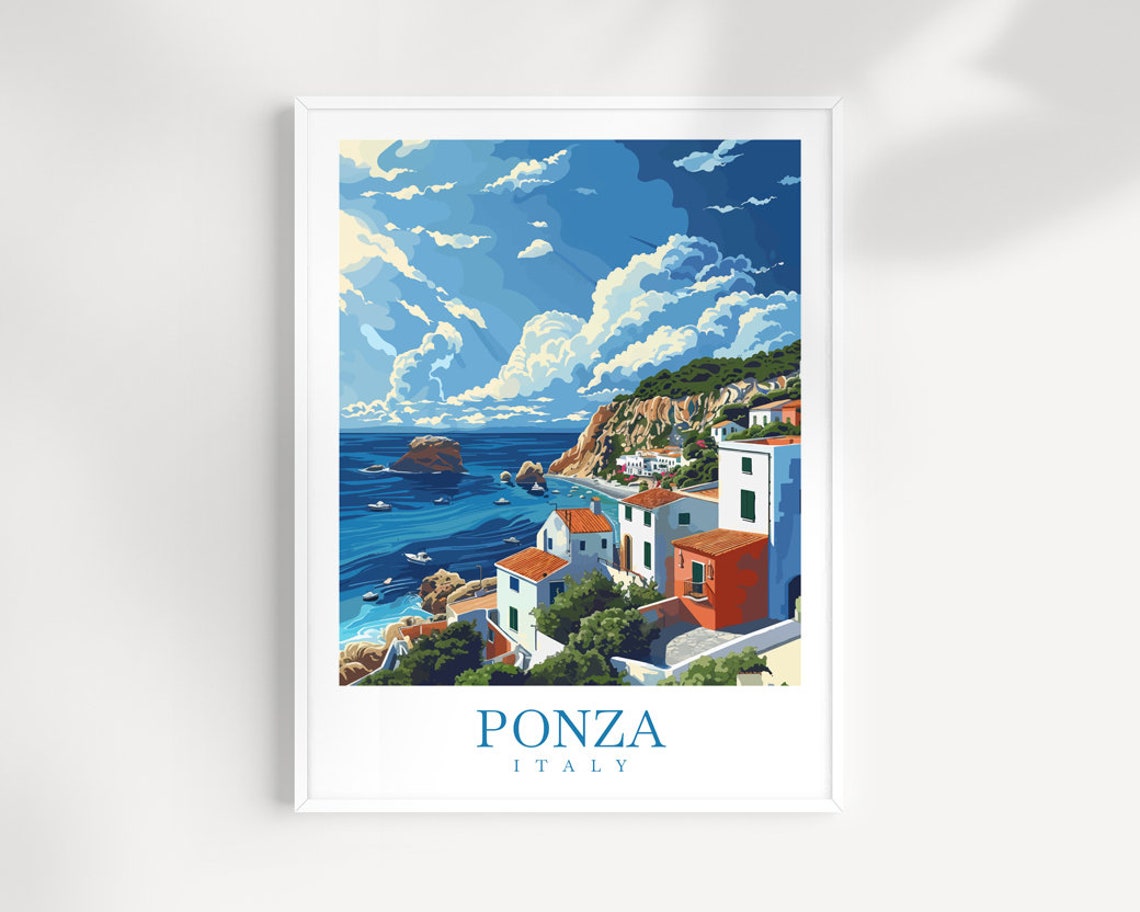 Ponza Italy Coastal Cliffs Whitewashed Village Seascape Poster