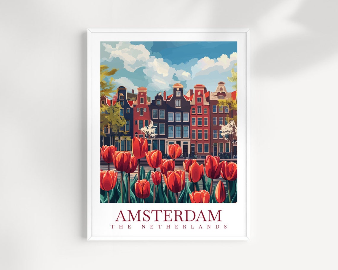 Amsterdam Netherlands Canal Houses Red Tulips Spring Bloom Poster