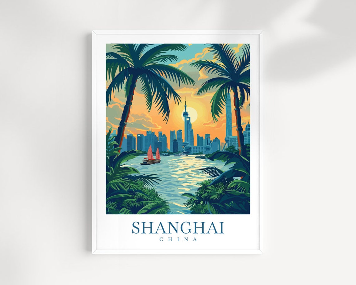 Shanghai China Sunset Skyline Oriental Pearl Tower Sailboat Poster