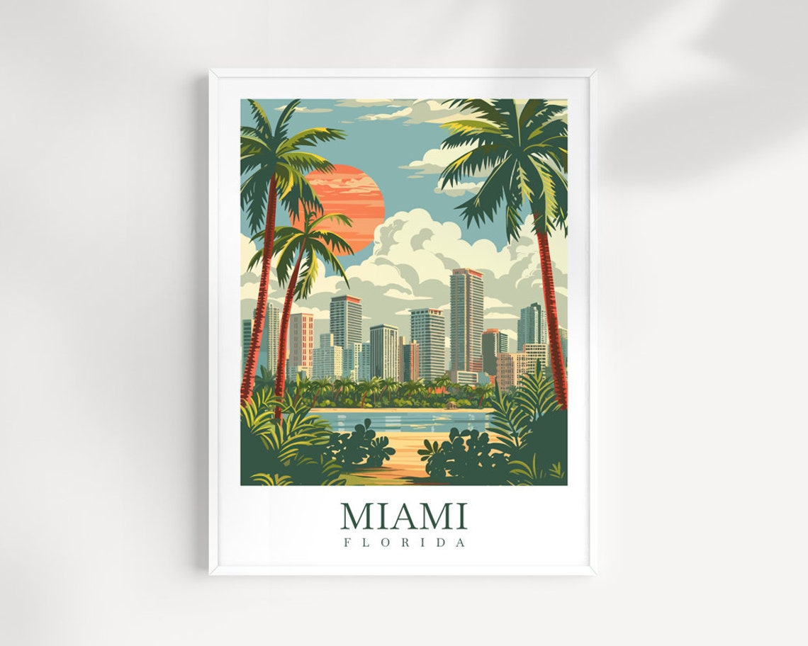 Miami Florida Beach Palm Trees Skyline Sunrise Travel Poster