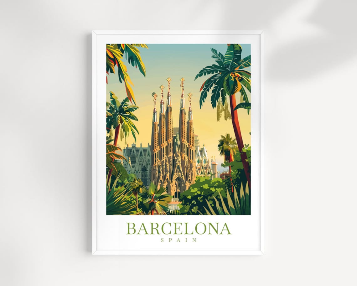 Barcelona Spain Sagrada Familia Basilica Palm Trees City Travel Poster