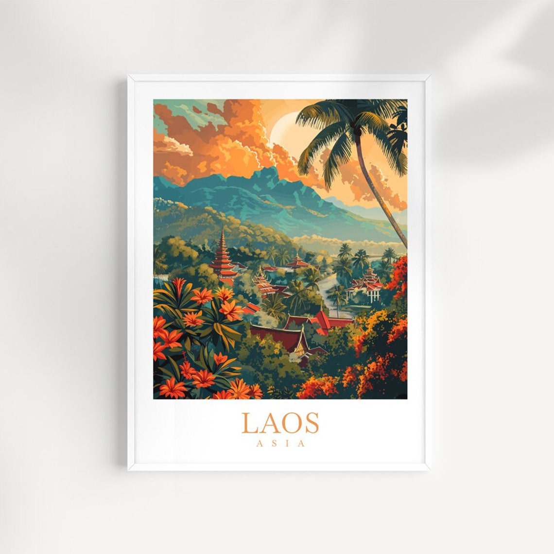 Laos Asia Temple Town Sunset with Mountains and Palm Travel Poster