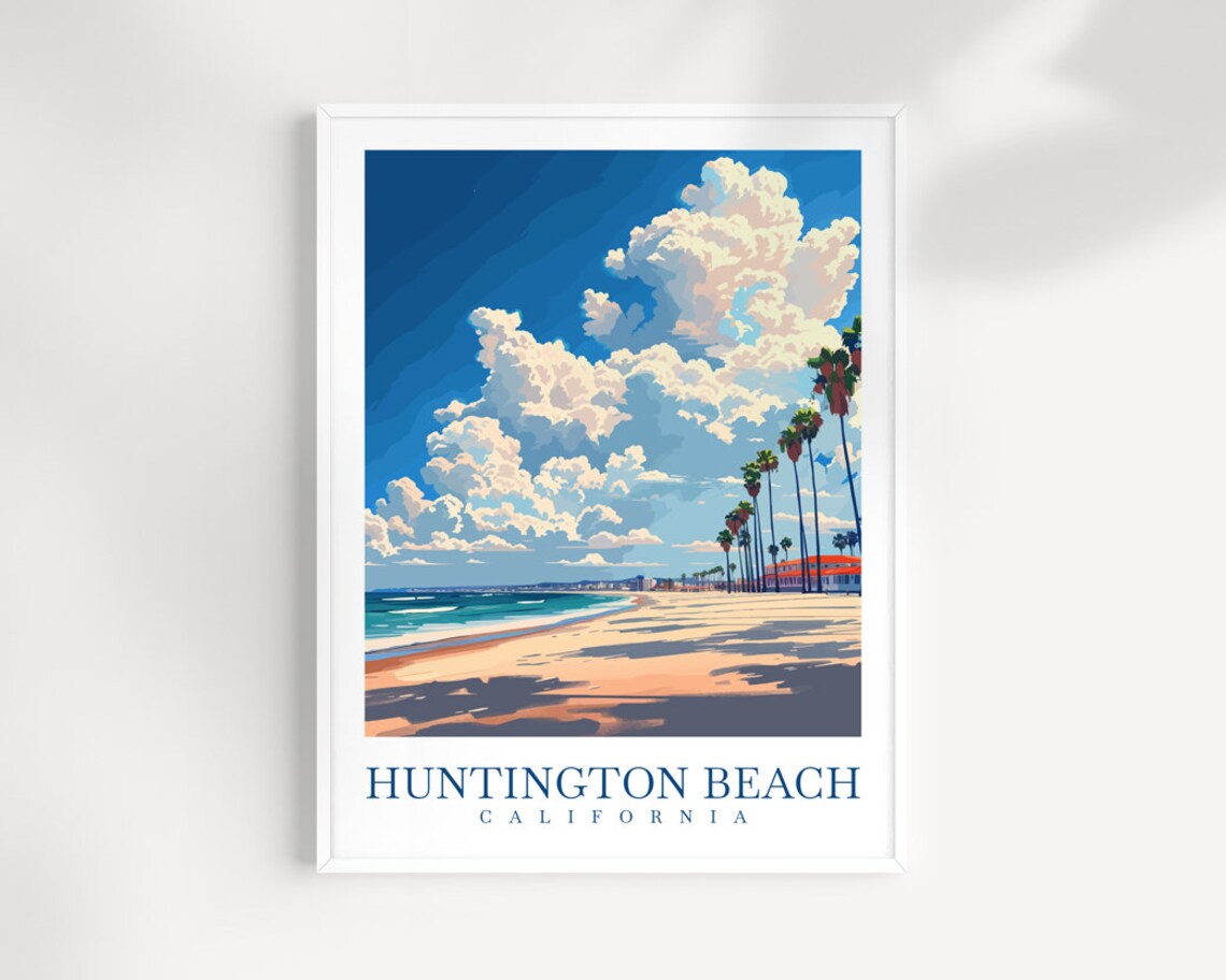 Huntington Beach California Sandy Shore Palm Trees Travel Poster