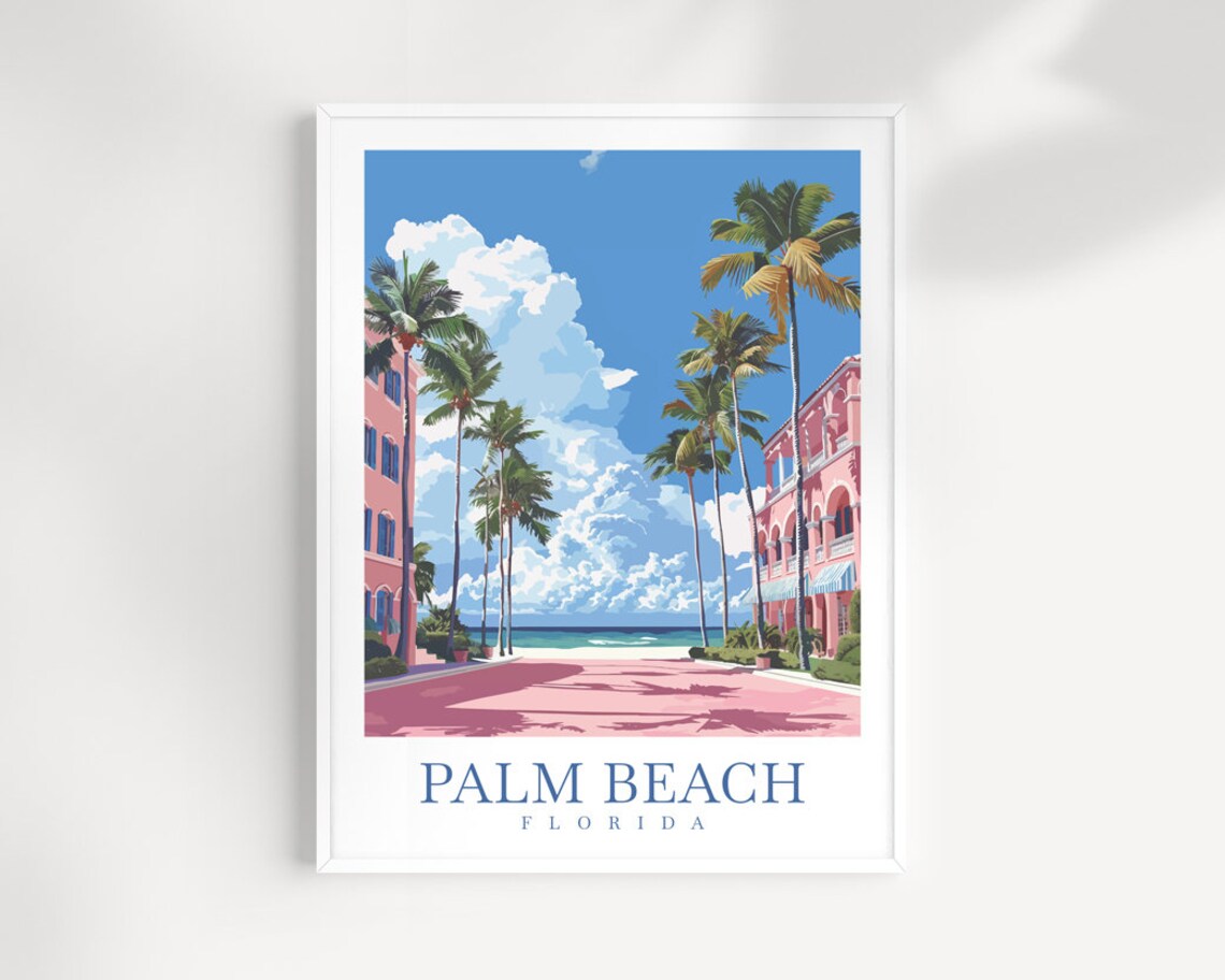 Palm Beach Florida Pink Boardwalk Beach Palms Buildings Poster