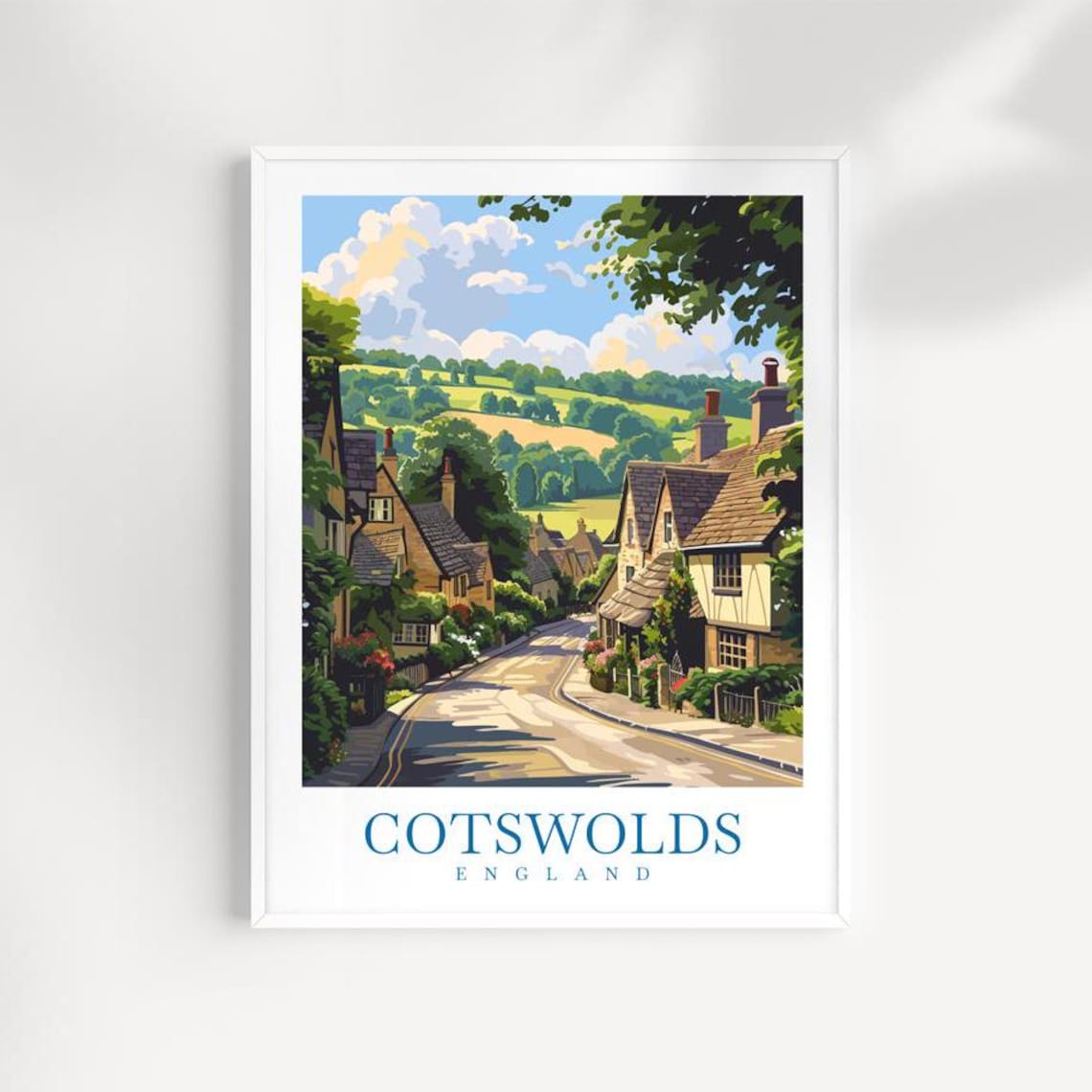 Cotswolds England Stone Village Street Sunny Travel Poster Art