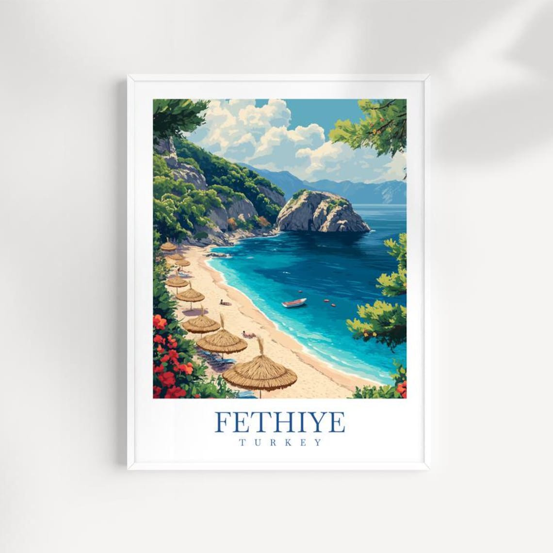Fethiye Turkey Travel Poster Aegean Beach Umbrellas Coast Art