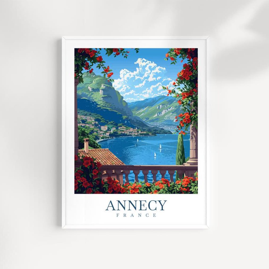 Annecy France Flower Balcony Lake Mountain Village Travel Poster