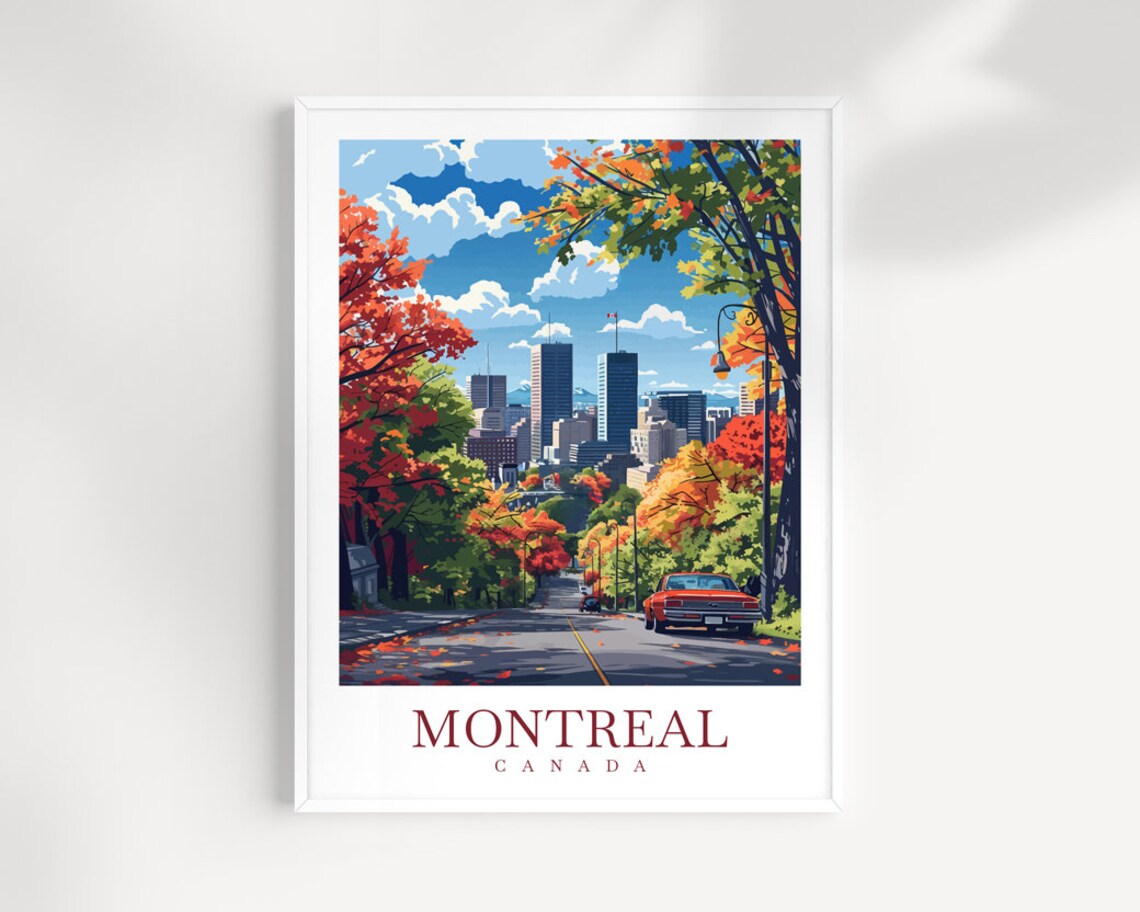Montreal Canada Fall Foliage Street Skyline Vintage Car Poster