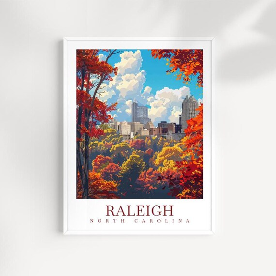 Raleigh North Carolina Autumn Fall Foliage Skyline Travel Poster