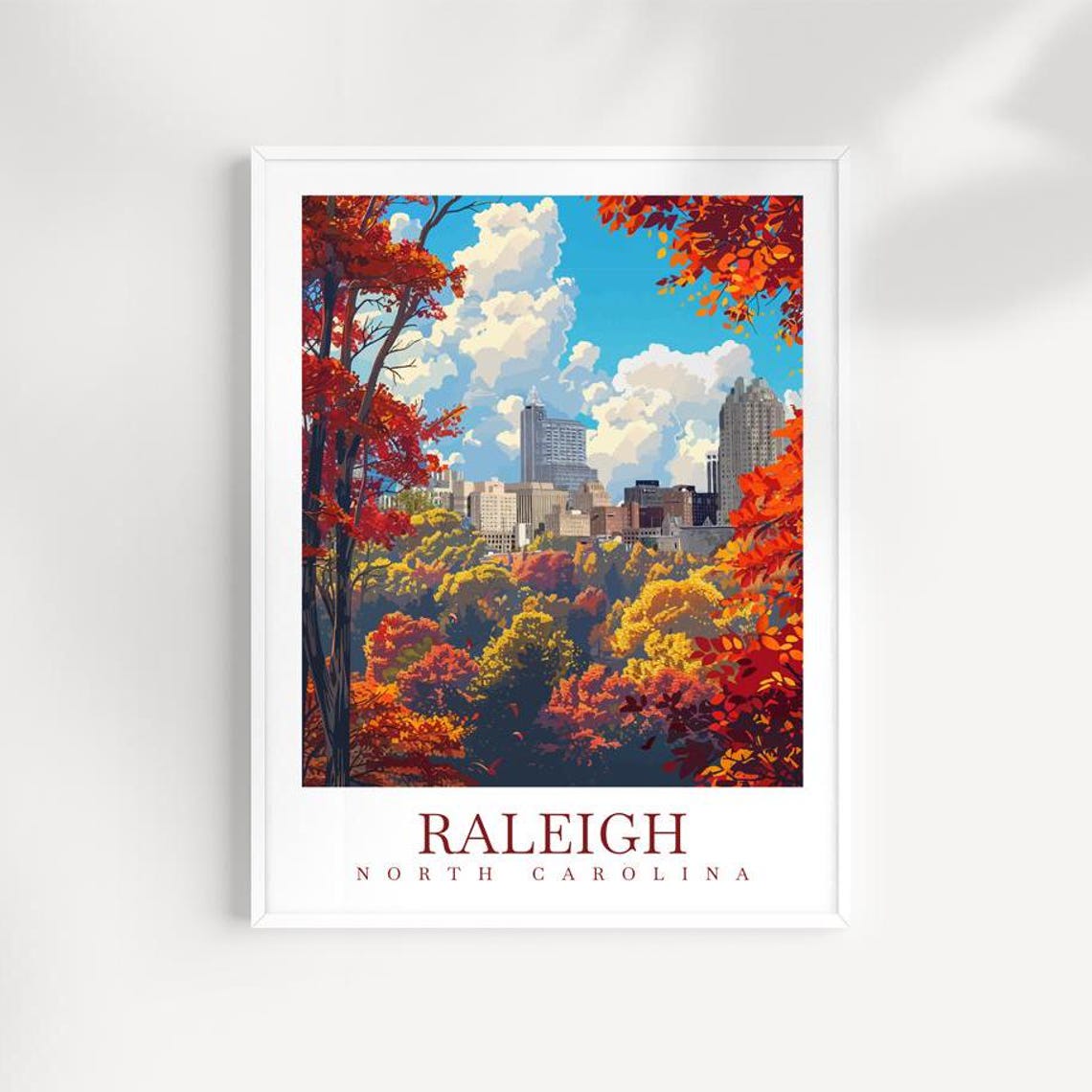 Raleigh North Carolina Autumn Fall Foliage Skyline Travel Poster