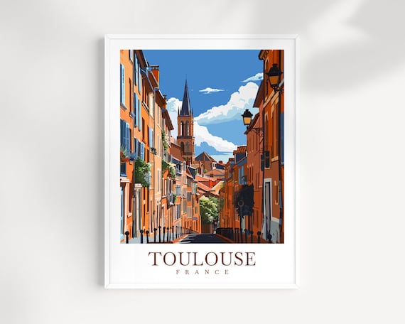 Toulouse France Old Town Street with Church Spire Travel Poster