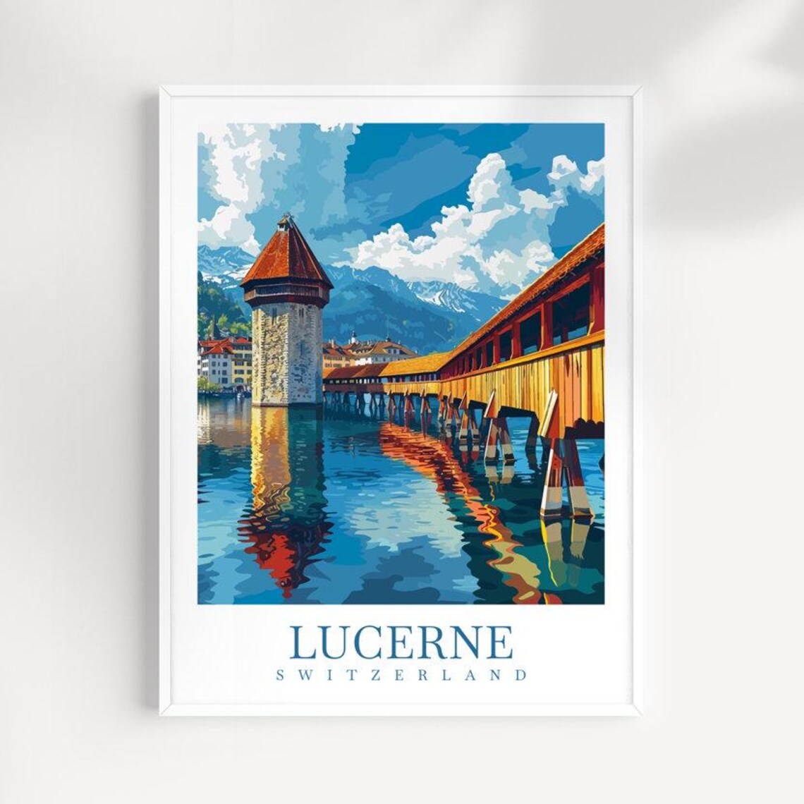 Lucerne Switzerland Chapel Bridge Colorful Lakeside Travel Poster