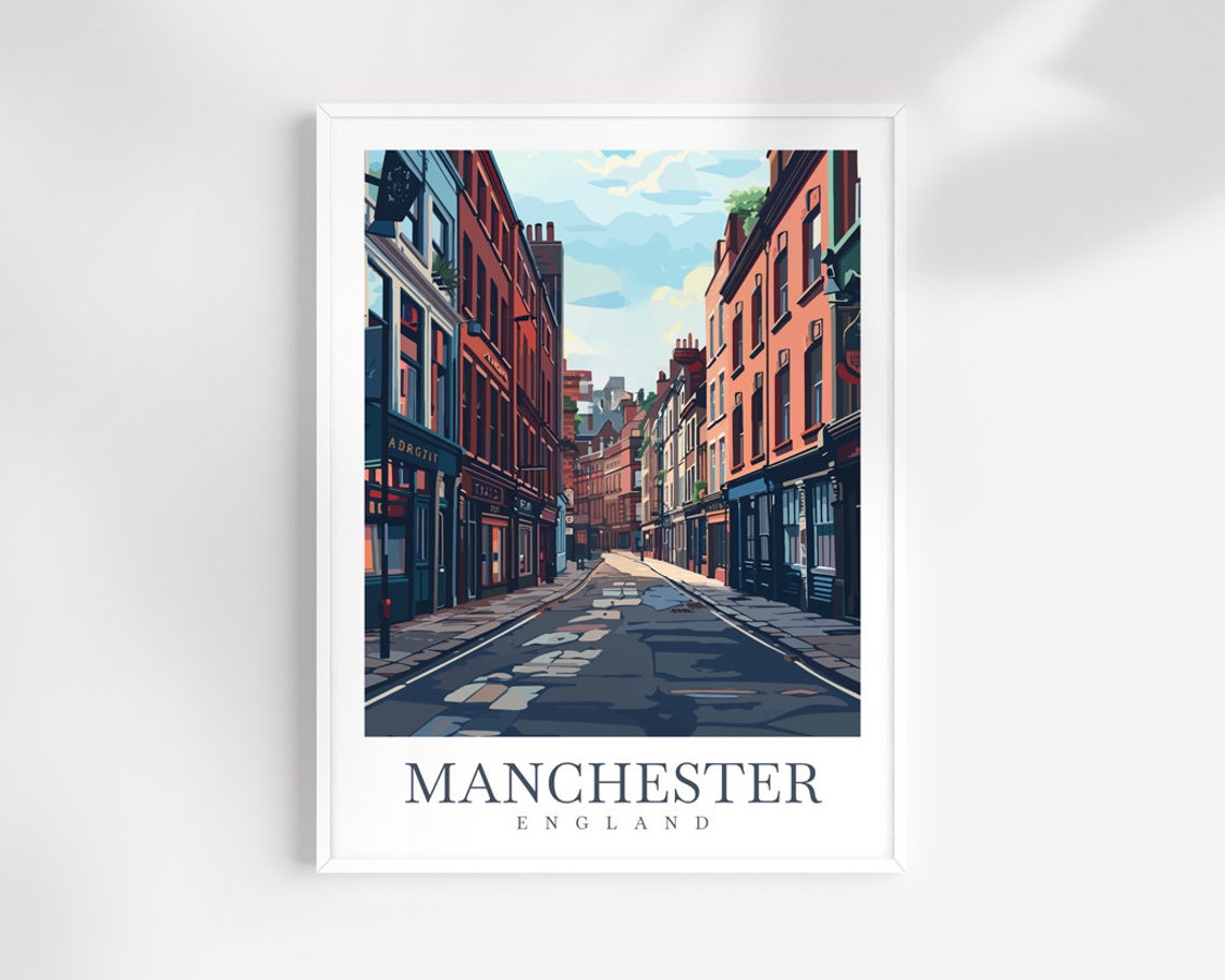Manchester England Historic Brick Shopping Street Scene Poster