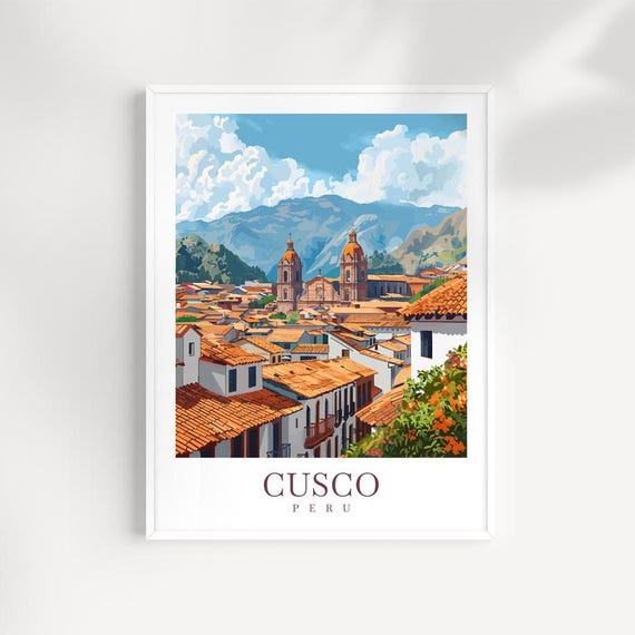 Cusco Peru Rooftop Panorama With Twin Church Towers Travel Poster