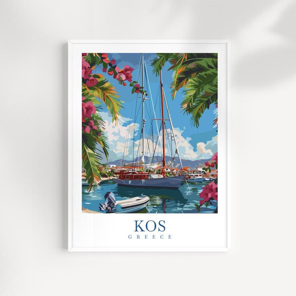 Kos Greece Harbor Sailboats Palm Bougainvillea Travel Art Poster