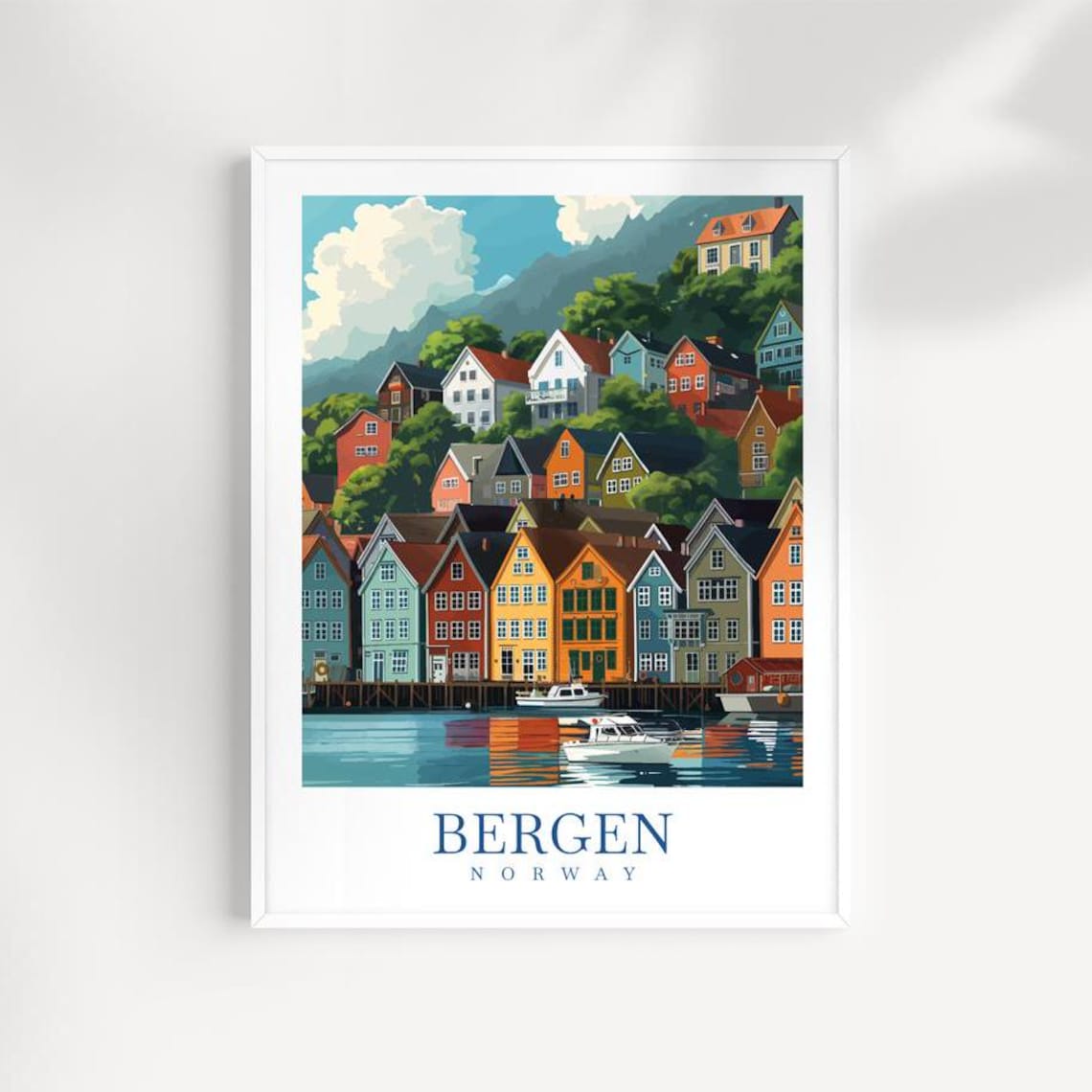 Bergen Norway Colorful Bryggen Wharf Cityscape Travel Poster