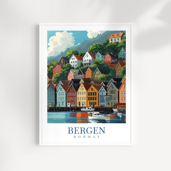 Bergen Norway Art Print Colorful Cityscape Wall Hanging