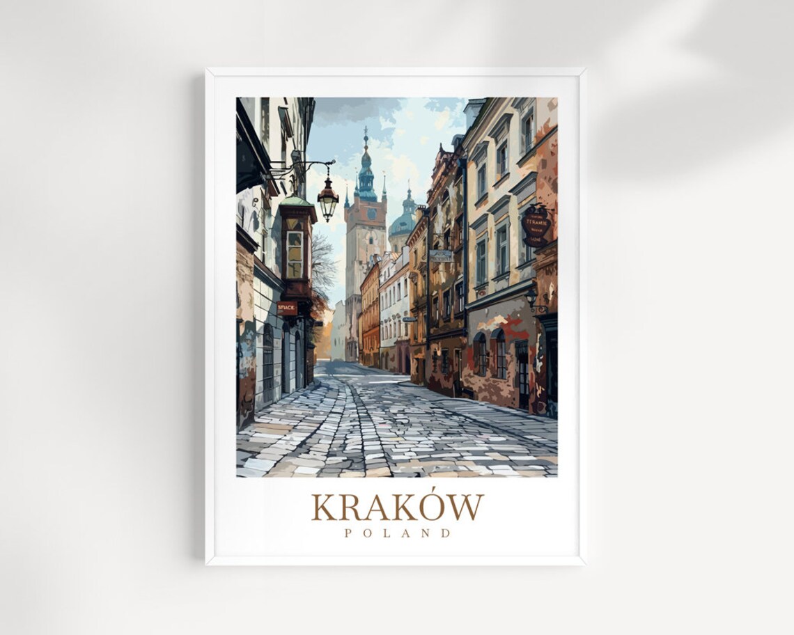 Krakow Poland Cobbled Old Street Church Tower Vintage Travel Poster