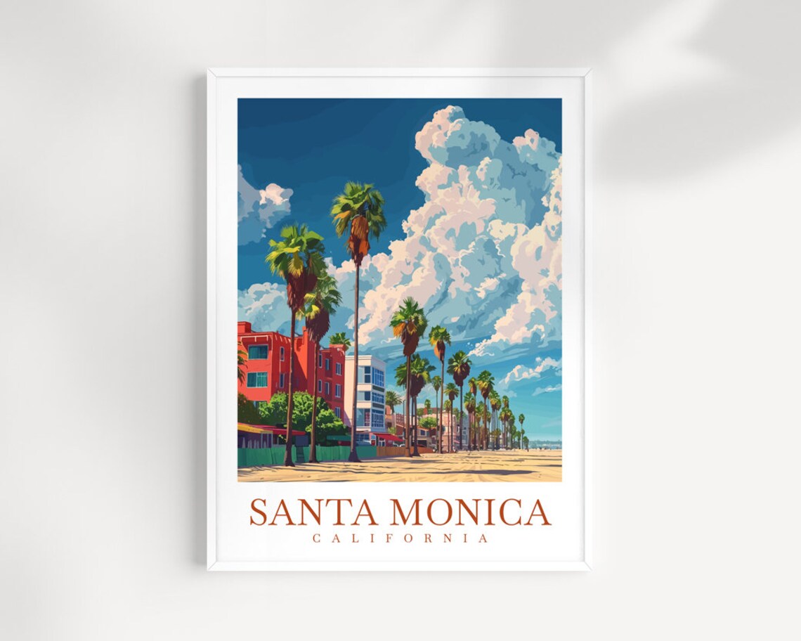 Santa Monica California Beach Palm Promenade Beachfront Travel Poster
