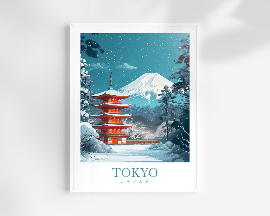 Tokyo Japan Mount Fuji Snowy Pagoda Winter Wonderland Travel Poster