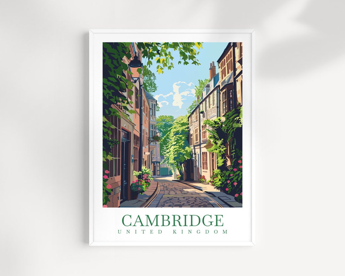 Cambridge United Kingdom Leafy Cobbled Lane Lamp Flowers Poster