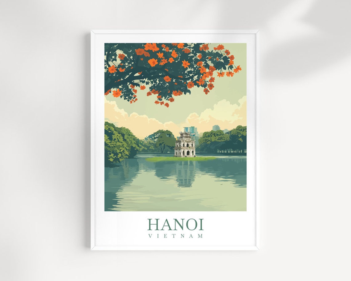 Hanoi Vietnam Turtle Tower Lake Poster With Red Flowering Tree