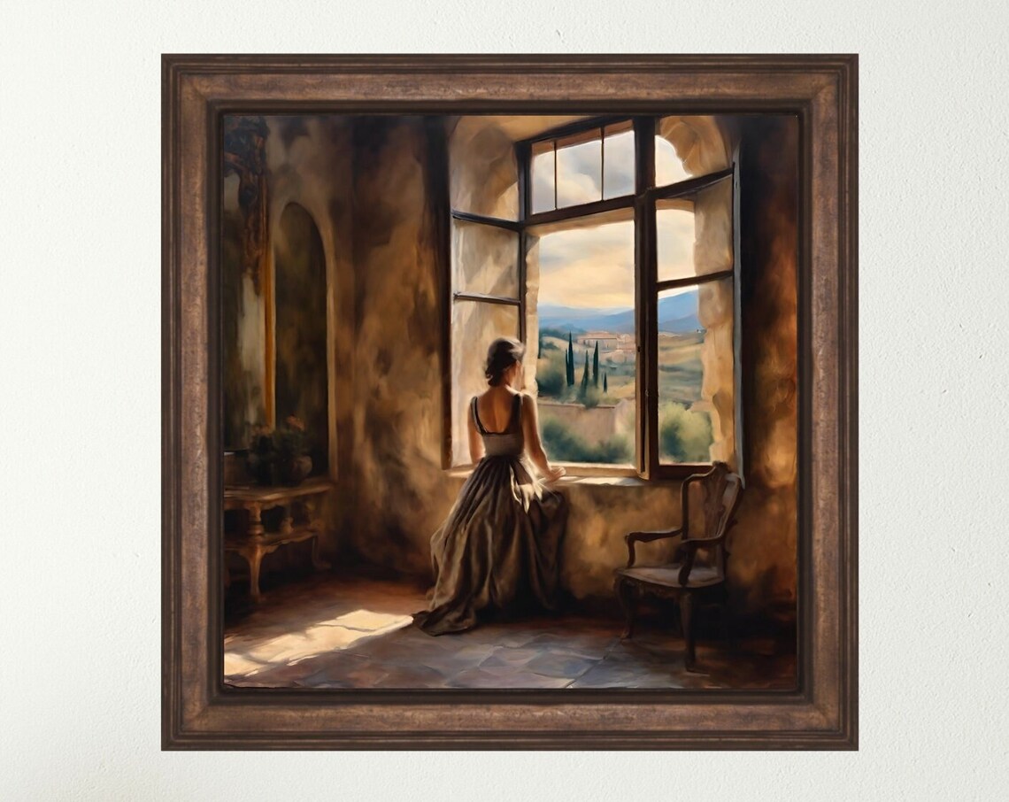 Woman at Open Window Overlooking Hills Romantic Vintage Painting Print - Image 5