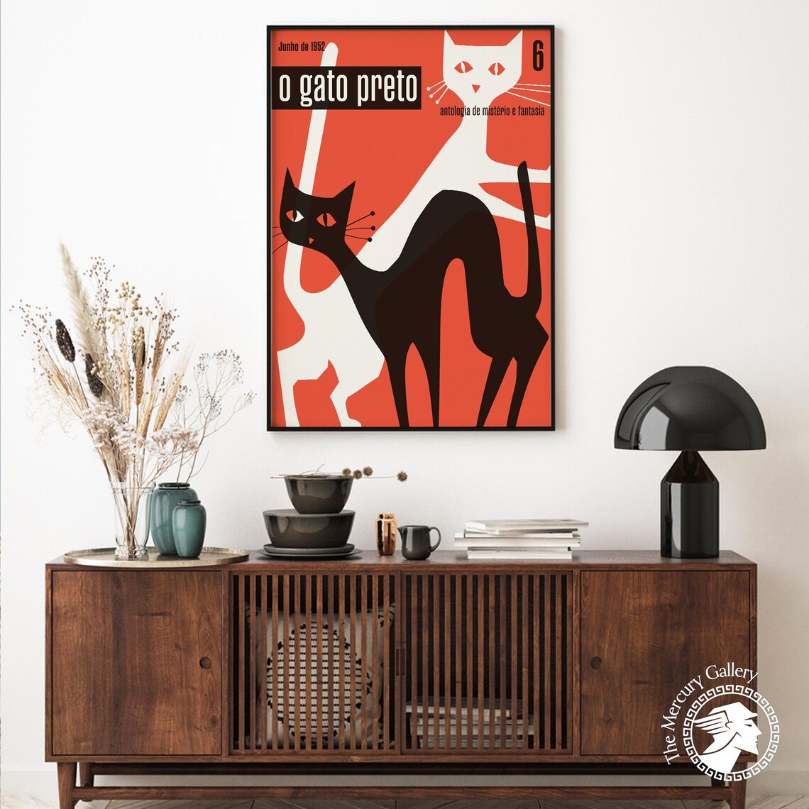 O Gato Preto 1952 Portuguese Magazine Cover Black Cat Red Vintage Art Poster - Image 6