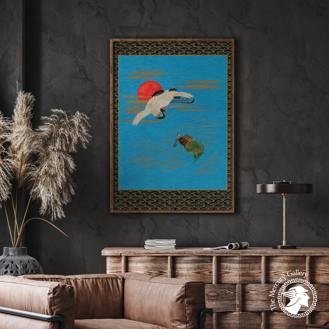 White Crane Turtle Sea Red Sun Japanese Maximalist Crane Art Print - Image 2