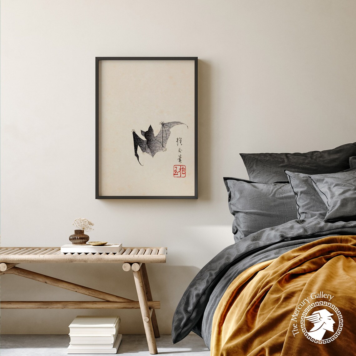 Japanese Bat and Moon Woodblock Art Print - Image 2