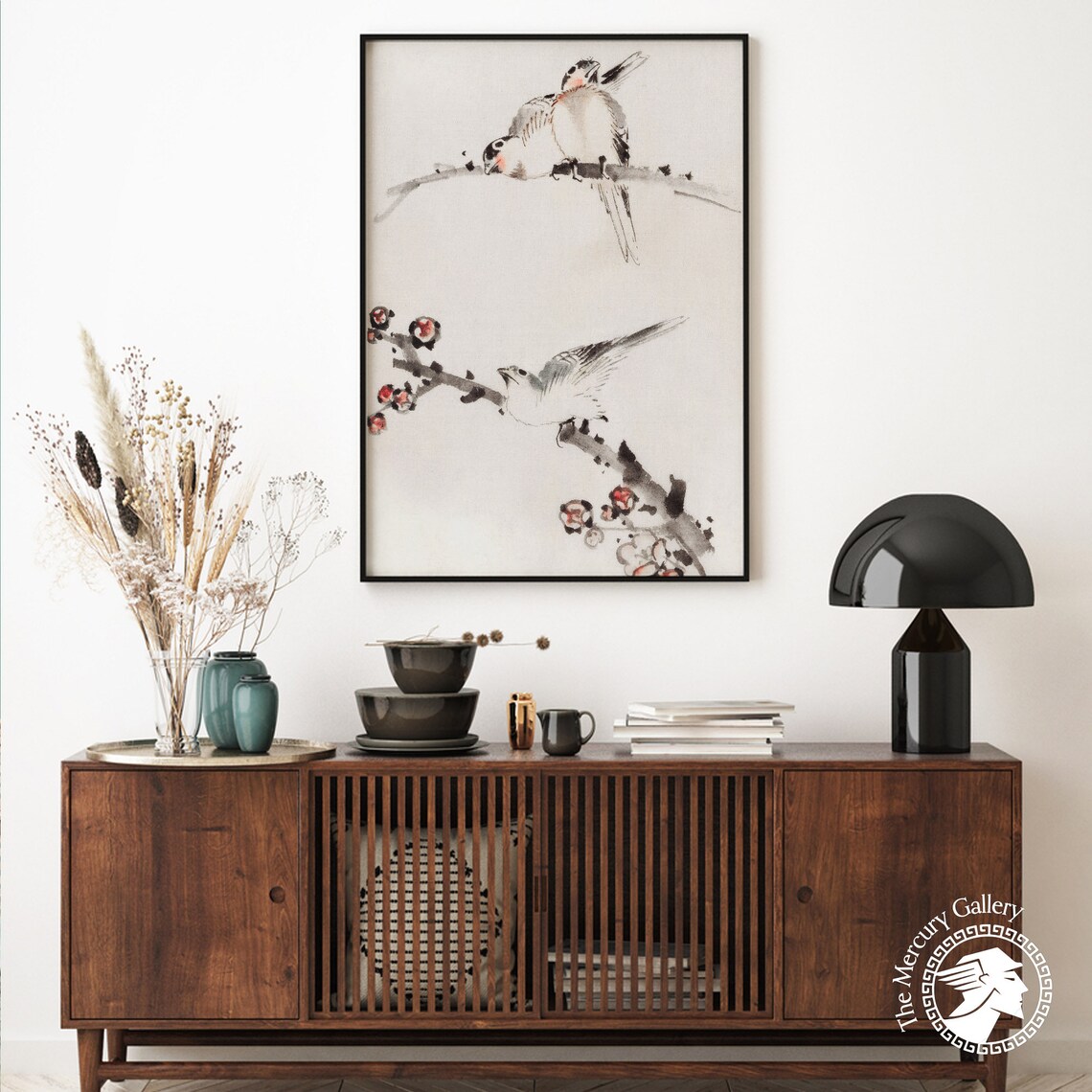 Japanese Ink Birds Perched On Blossoming Branch Delicate Watercolor Print - Image 4
