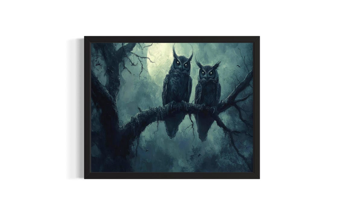 Two Demonic Owls Glowing Eyes Misty Night Full Moon Gothic Poster