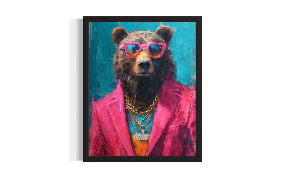 Brown Bear Hip Hop Portrait Pink Sunglasses Blazer Chains Funny Poster