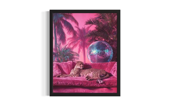 Cheetah Animal Disco Poster Art Print Living Room Wall Original Painting Artwork Decor