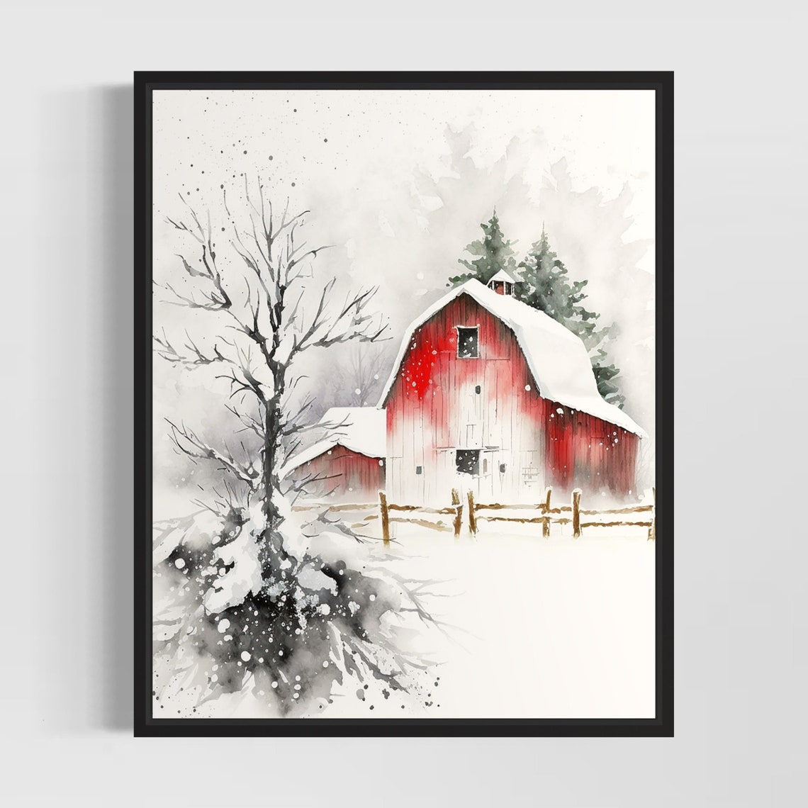 Snow Covered Red Barn Under A Winter Sky Watercolor Art Poster