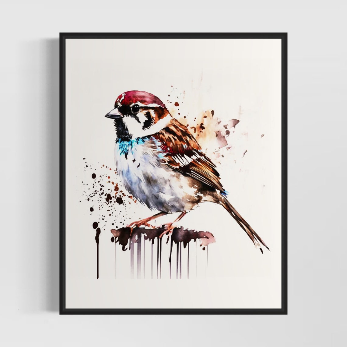 Adorable Tiny Sparrow With a Rusty Red Cap Watercolor Bird Poster