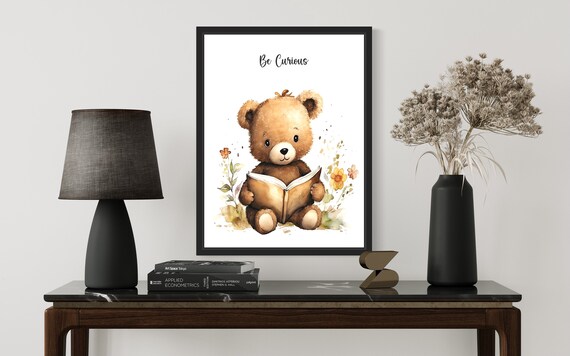 Cozy Teddy Bear Be Curious Reading Watercolor Nursery Poster