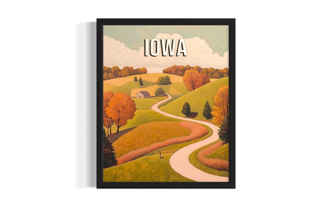 Iowa Autumn Rolling Hills Winding Road Fall Foliage Travel Poster