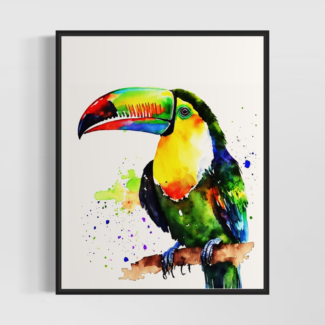 Keel Billed Toucan Perched On Branch Colorful Watercolor Bird Poster