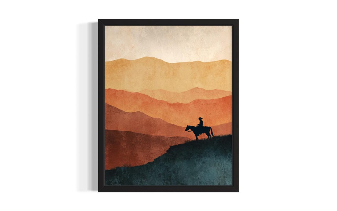 Lone Cowboy On Horseback On A Desert Ridge At Mountain Sunset Poster