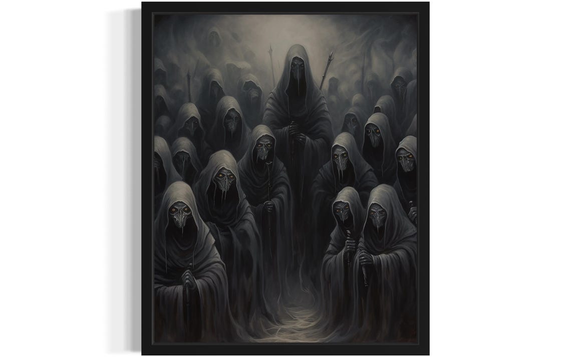 Army of Hooded Ghostly Figures Emerging From Mist Dark Poster