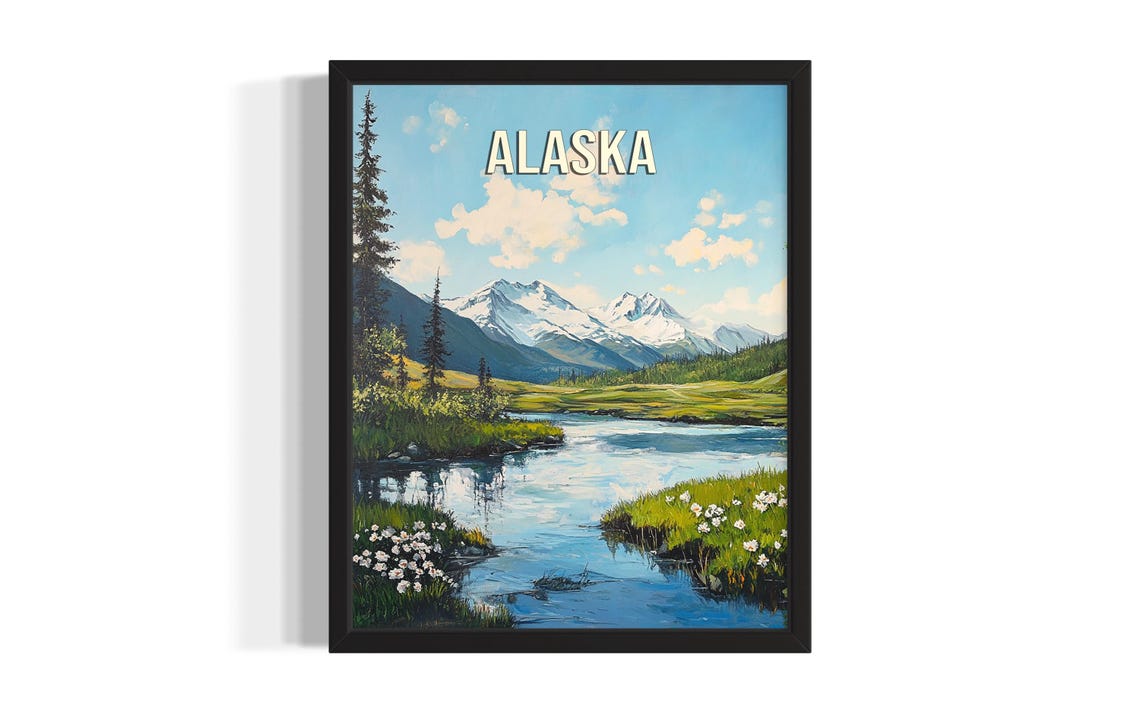 Alaska Spring River Valley Wildflowers Mountain Landscape Poster