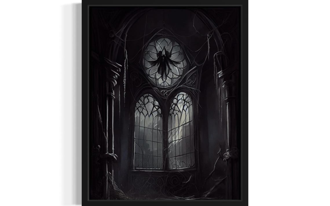 Dark Gothic Cathedral Window Draped With Spider Web Fantasy Poster