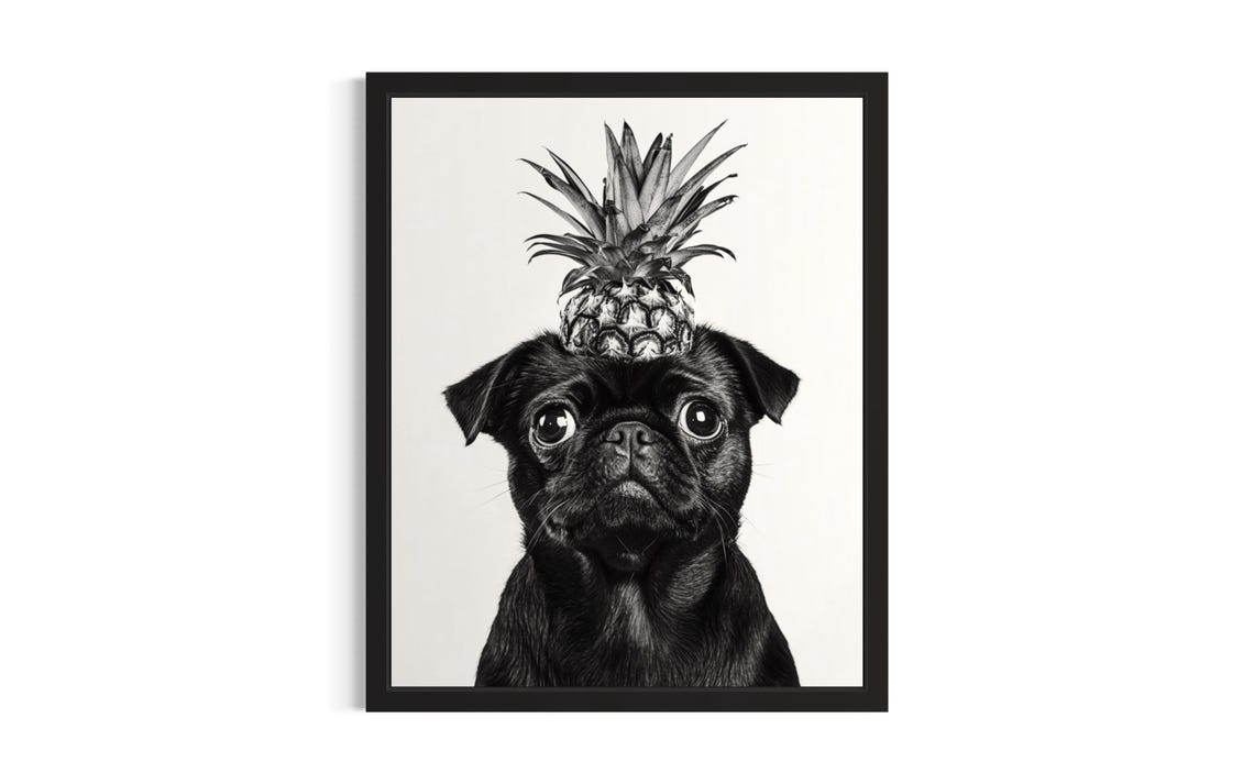 Black Pug Balancing Pineapple on Head Cute Black and White Dog Poster
