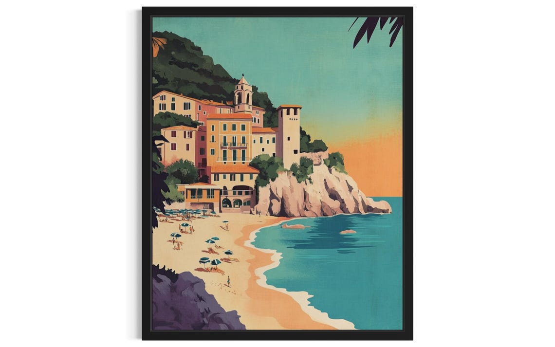 Vintage Mediterranean Cliffside Town Beach Coastal Travel Art Poster