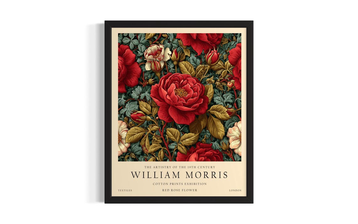 William Morris Red Rose Flower Vintage Botanical Floral Poster
