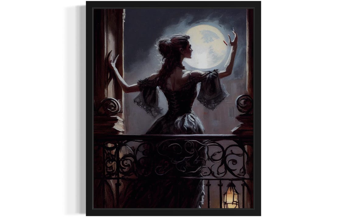 Gothic Woman On A Balcony Reaching For The Full Moon Art Poster