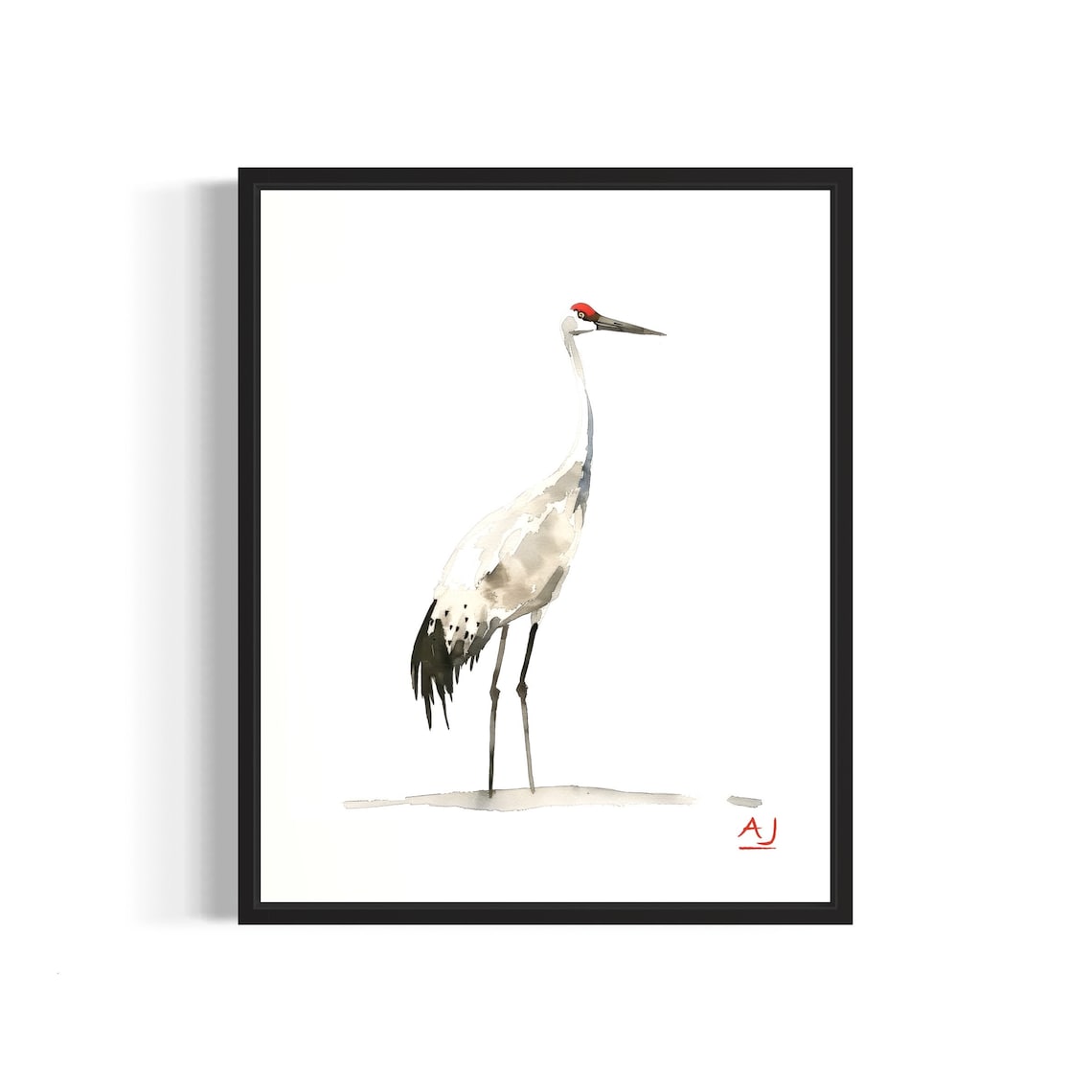 Elegant Grey Crane Standing Tall Watercolor Bird Painting Poster