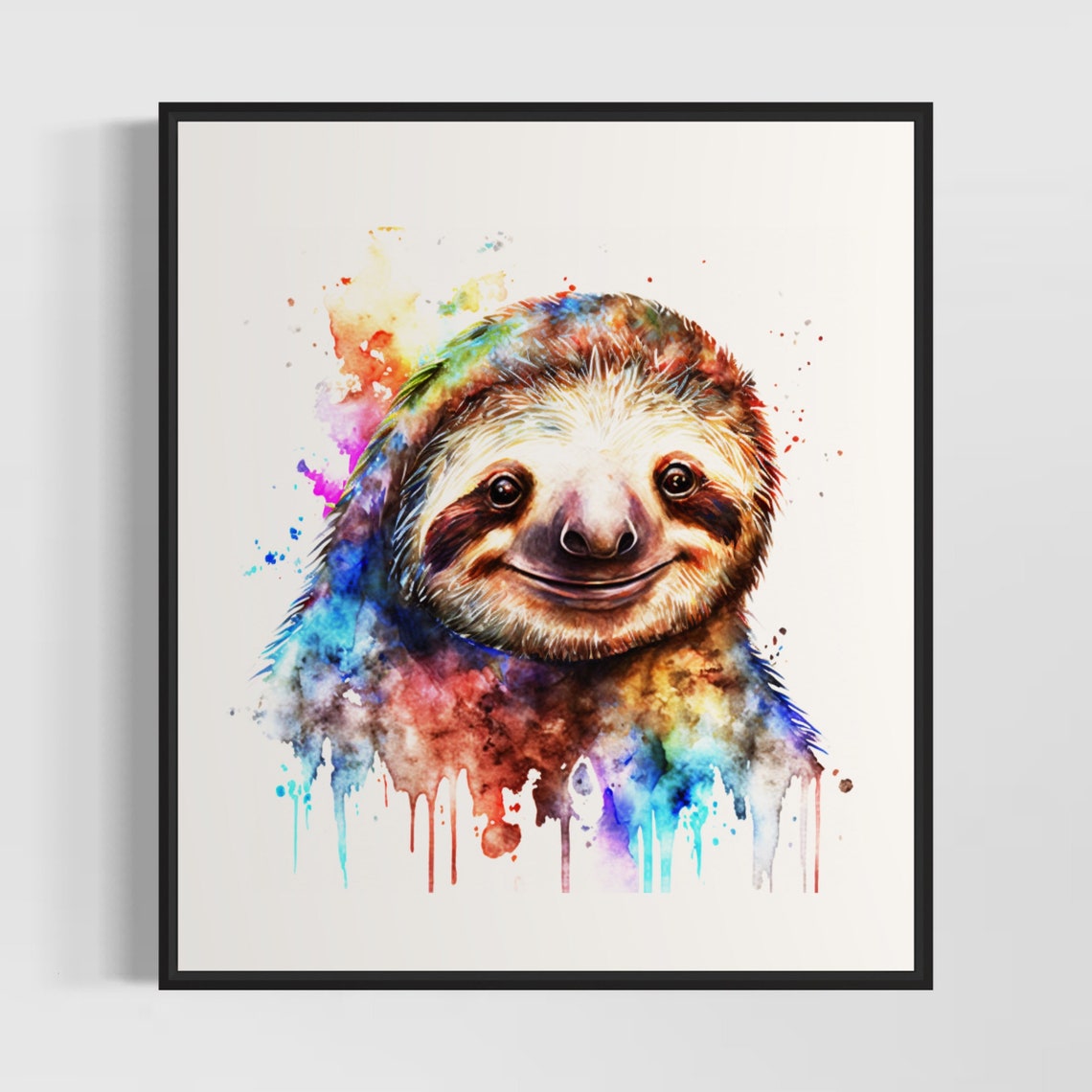 Smiling Sloth Face Close Up Portrait In Soft Watercolor Art Print