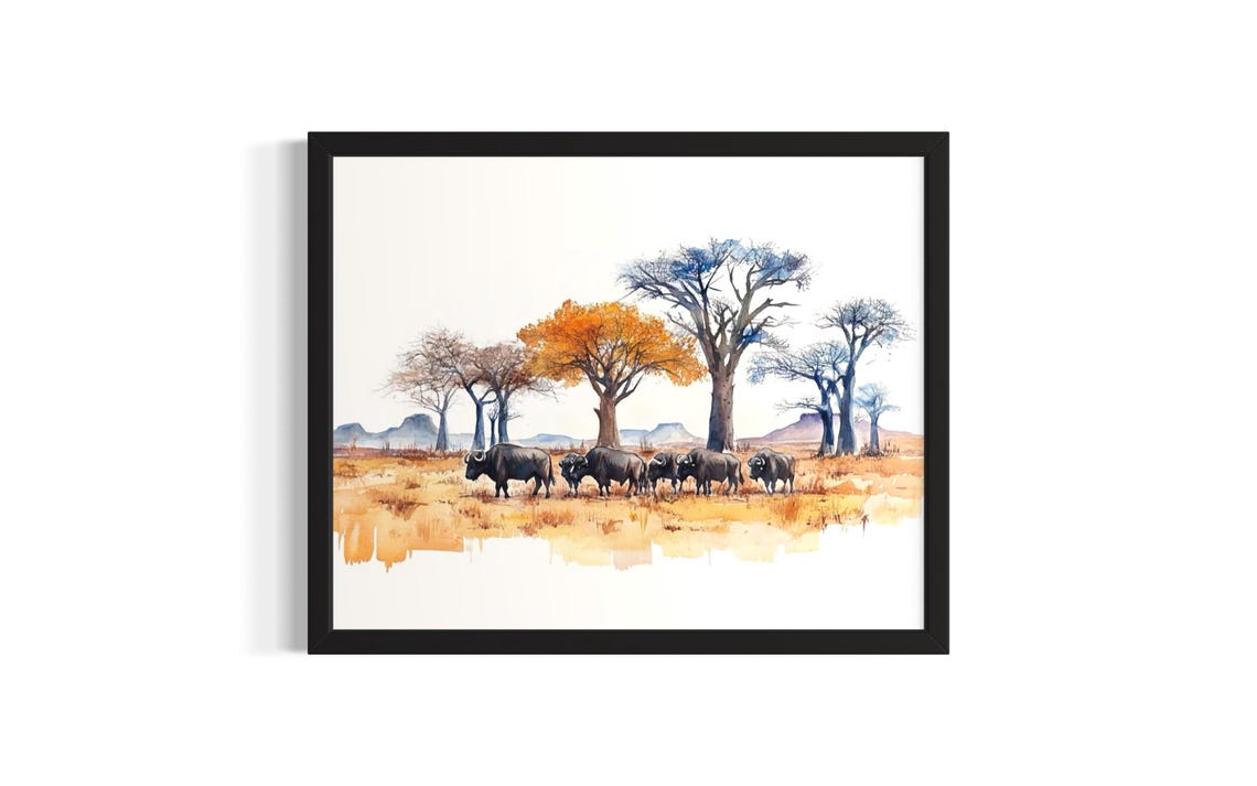 Buffalo Herd Grazing Under Baobab Trees African Watercolor Poster